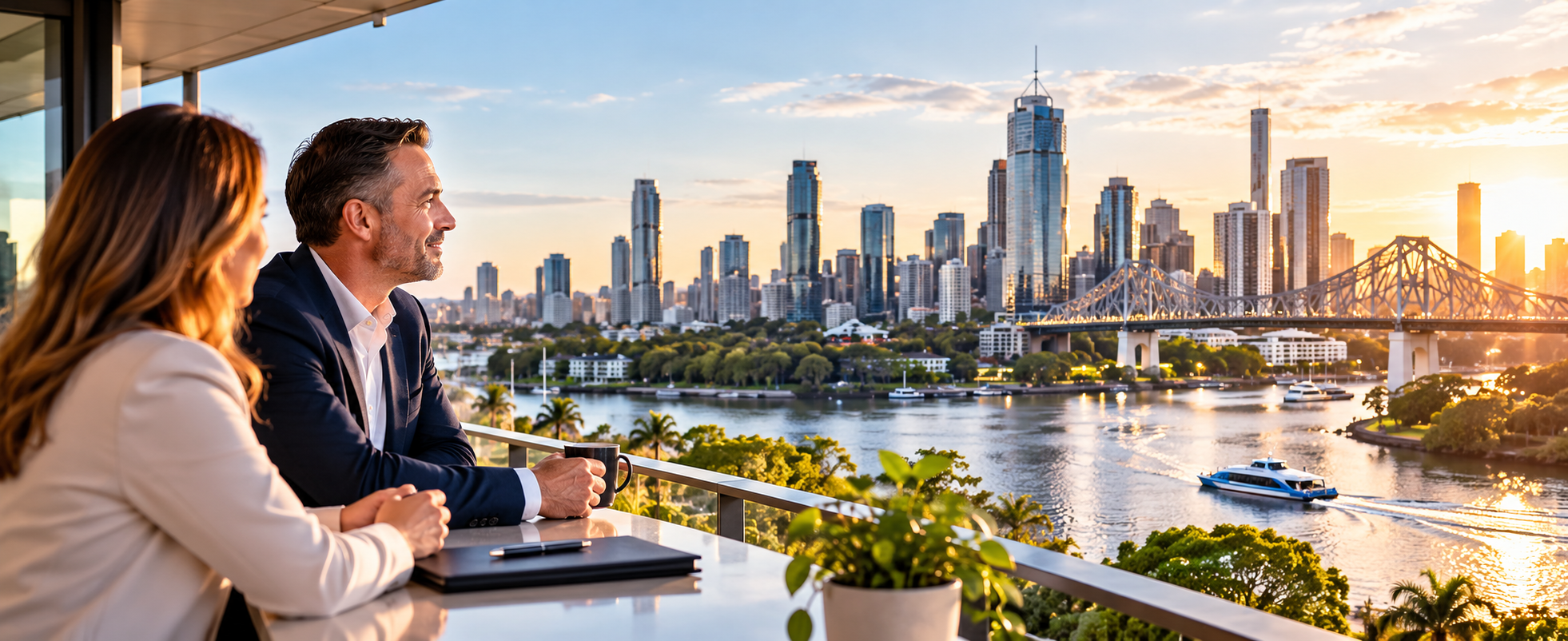 Two people overlooking the Brisbane River, city skyline and Story Bridge at sunset