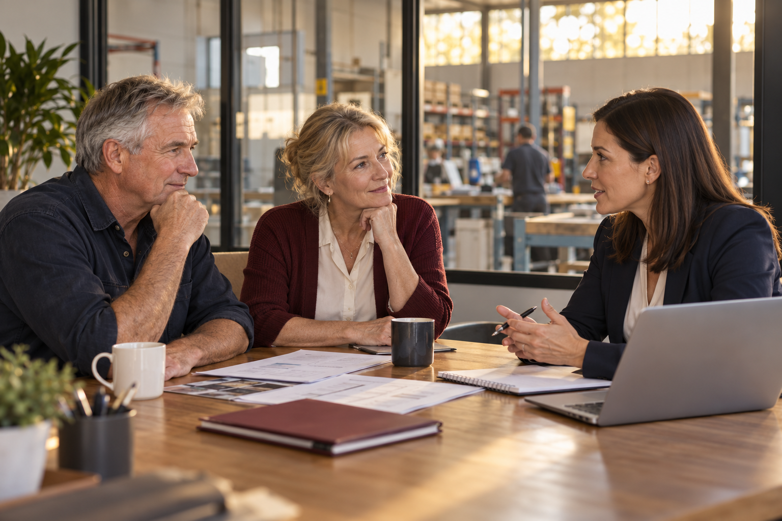 An experienced business owner and his partner discussing their next chapter with a female accountant.