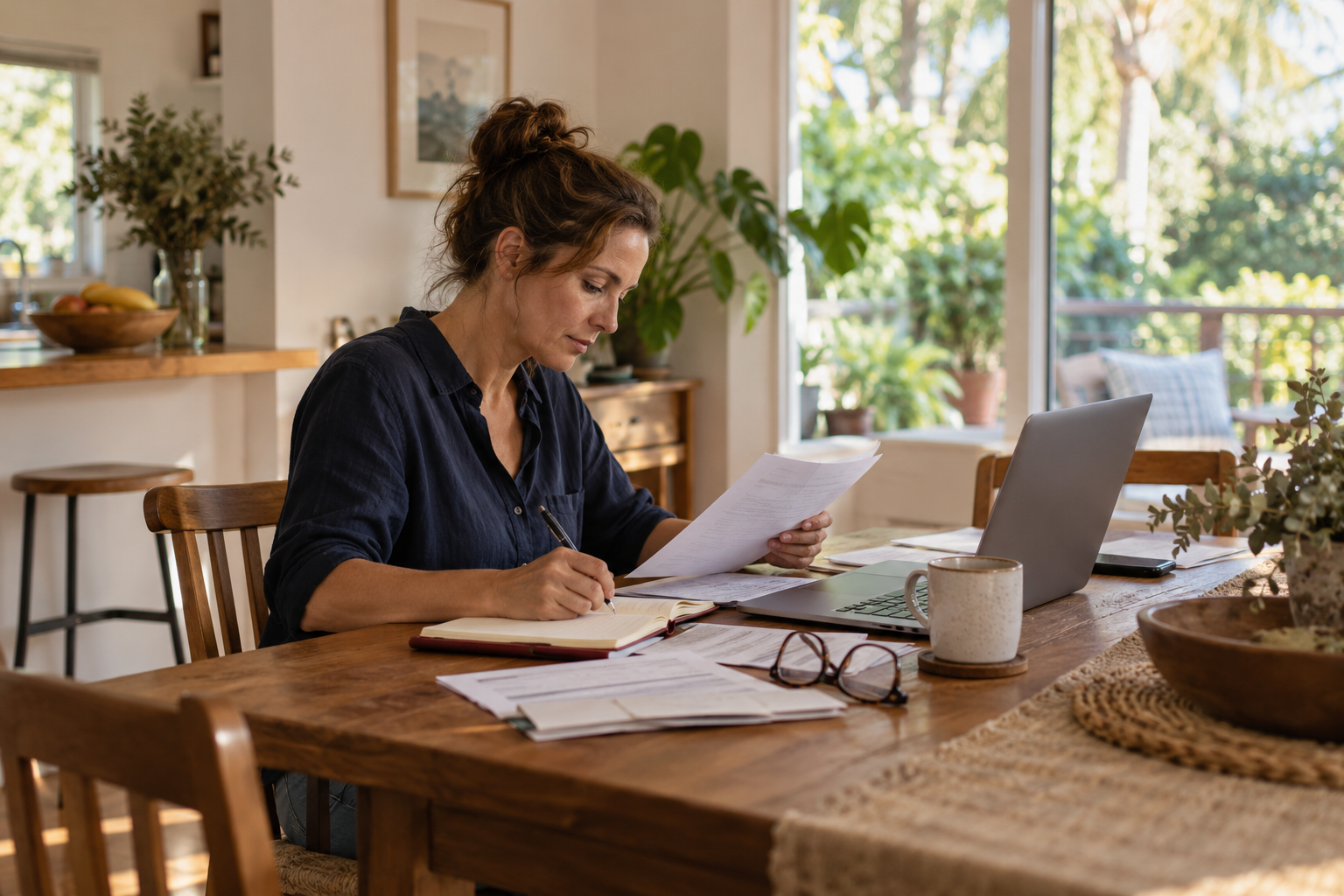 A woman reviewing financial documents and making notes at her kitchen table.