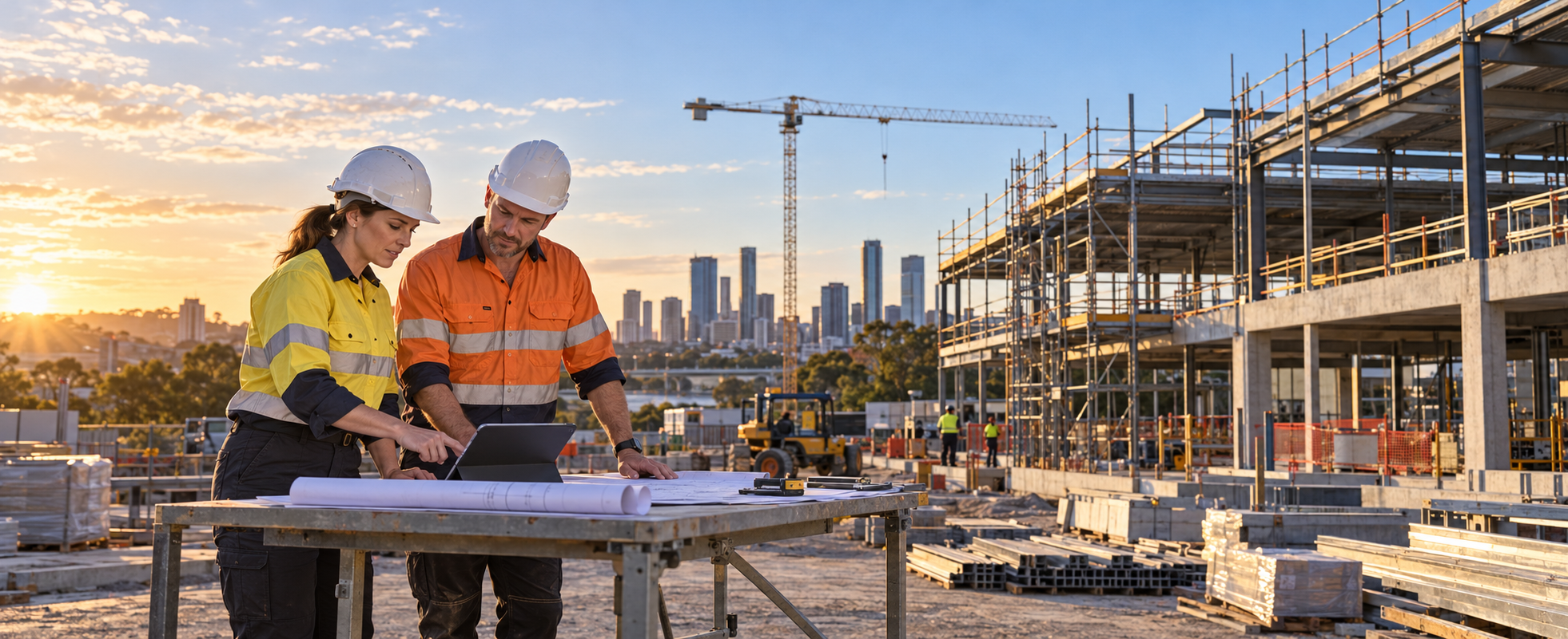 Two construction professionals reviewing building plans and a tablet at a commercial construction site at sunset