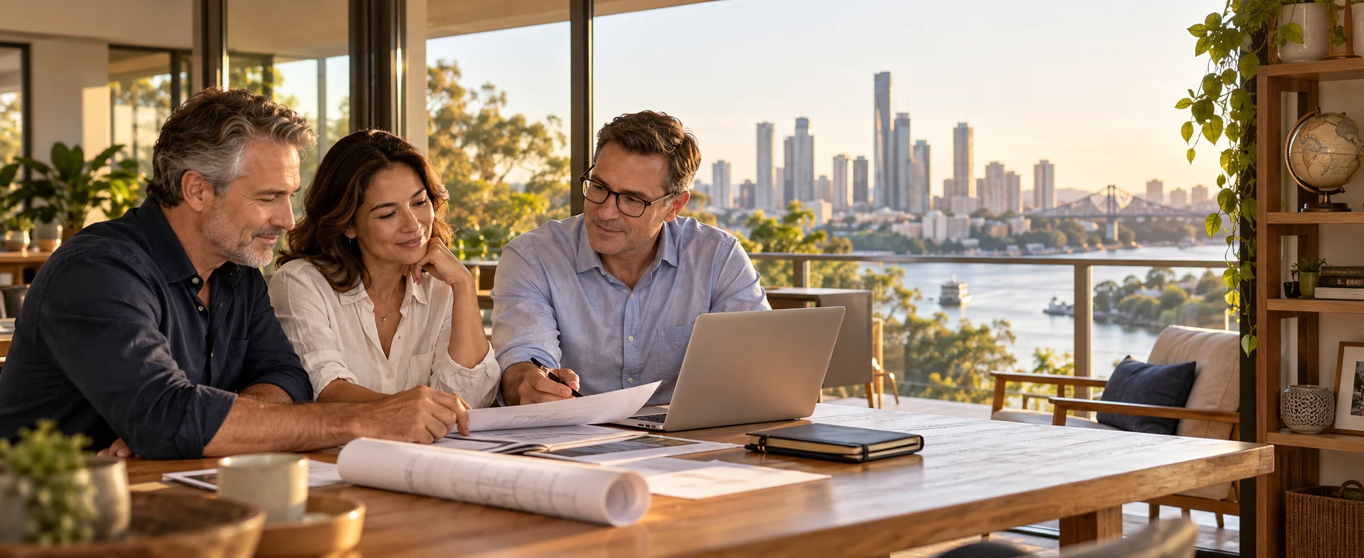 Three adults reviewing paperwork and a laptop in a home office overlooking the Brisbane River and skyline