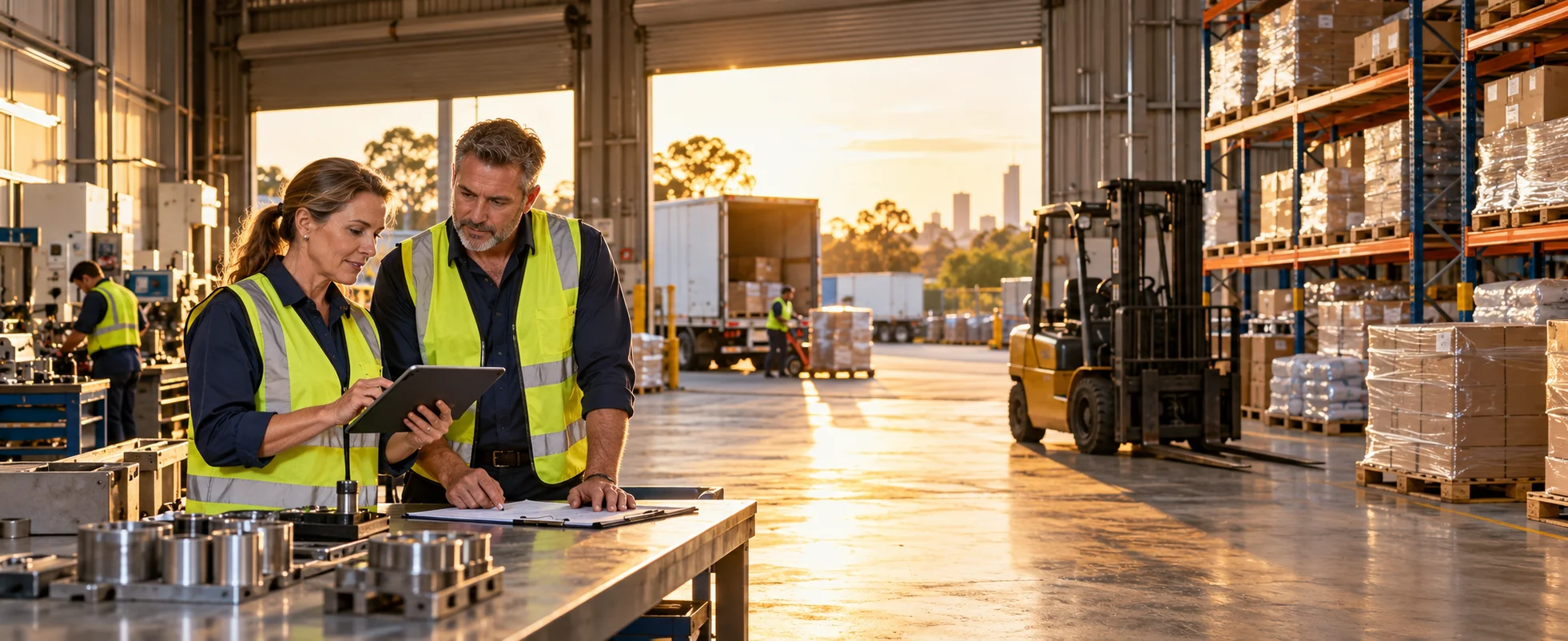Two manufacturing and wholesale business operators reviewing a tablet and paperwork in a warehouse with machinery and pallet racking