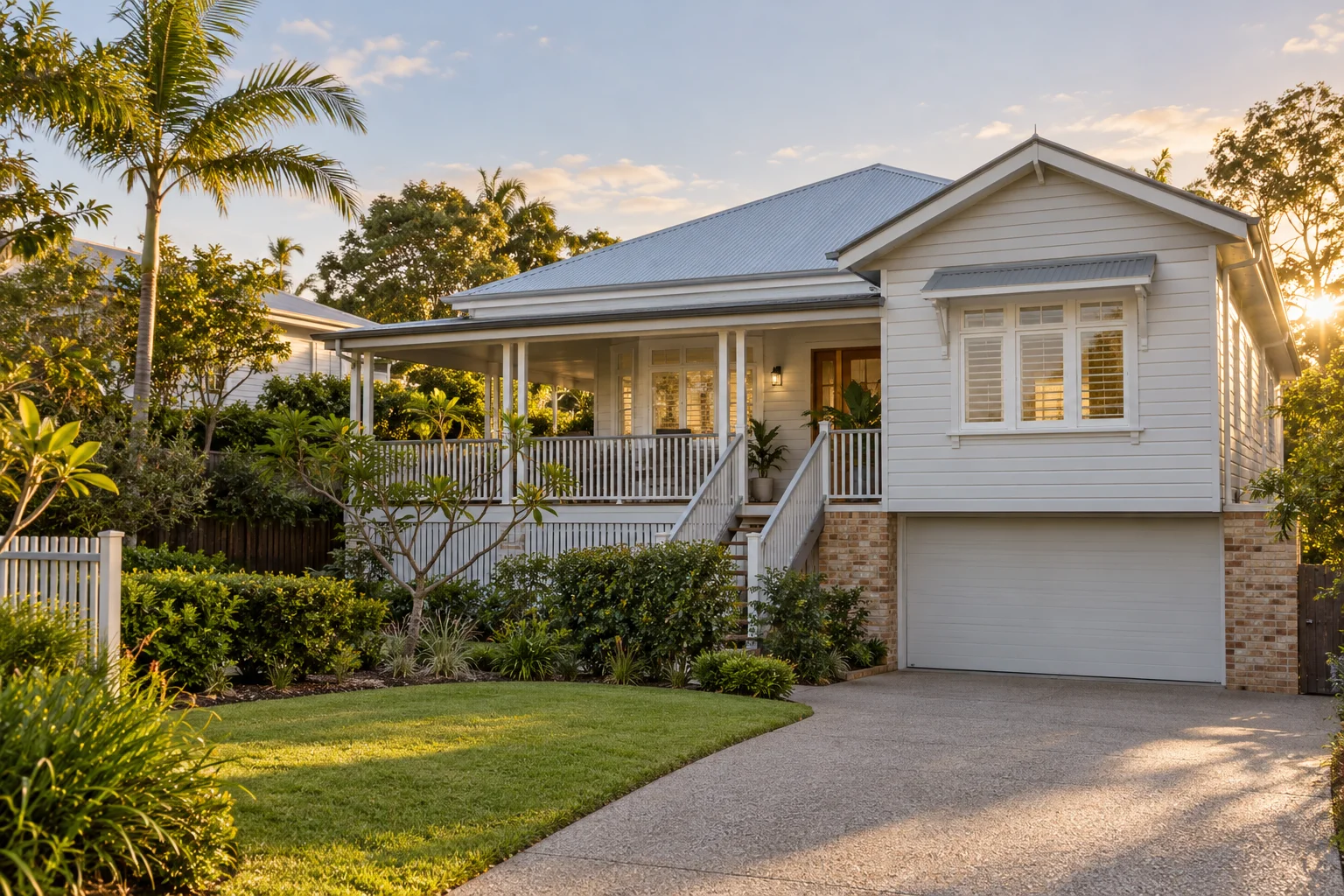 A Queensland-style home with a shaded veranda and subtropical garden in warm afternoon light.